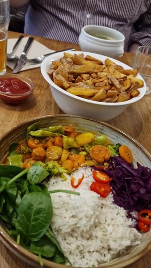 Peanut veg curry, fries, soup at Beet in Luxembourg City