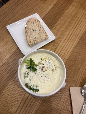 GREEN SOUP: BROCCOLI, PEAS, SPINACH, CORIANDER MINT CREAM, BUCKWHEAT  at Beet in Luxembourg City