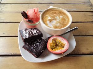 Café gourmand (cappuccino, brownies, watermelon sorbet, passion fruit) at Beet in Luxembourg City