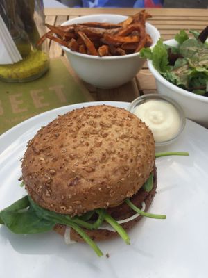 burger with vegan cheese and sweet potato fries at Beet in Luxembourg City