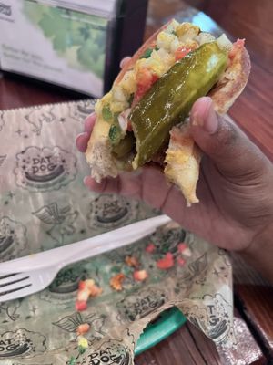 I got Jimmy’s Chicago ’Dog with the spicy chipotle vegan sausage   at Dat Dog - Freret St  in New Orleans