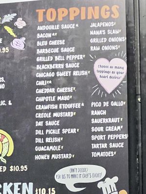 TOPPINGS, this is the menu as of 11/12/2023  at Dat Dog - Freret St  in New Orleans