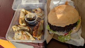Dumplings and Cheeseburger at Loving Hut Caravan in Nelson