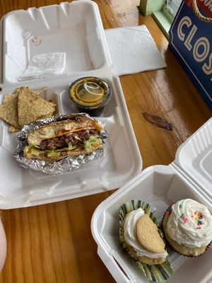 Field burger with chips and nacho cheese, and lemon oreo cupcakes.  at Don't Have a Cow in Clarksville