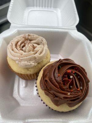 Vanilla cupcakes - one with chocolate frosting and one with vanilla frosting that had cinnamon mixed in (my favorite!) at Don't Have a Cow in Clarksville