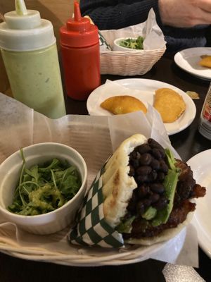 Frijoles, guacamole and plantano arepa and some empanadas  at Arepera in Montreal