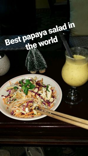 Papaya tofu salad & Mango, banana, passion fruit smoothie at Chookie's Hideaway in Ninh Binh