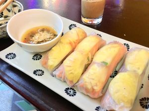 Tropical rolls. Noms. But seriously, get the papaya tofu salad. at Chookie's Hideaway in Ninh Binh