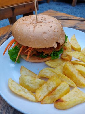 Falafel burger (no mayo) and fries at Chookie's Hideaway in Ninh Binh
