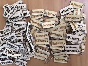 Vegan merch (key rings)  at Christchurch Vegan Society/Te Rōpū Whēkana o Ōtautahi in Christchurch