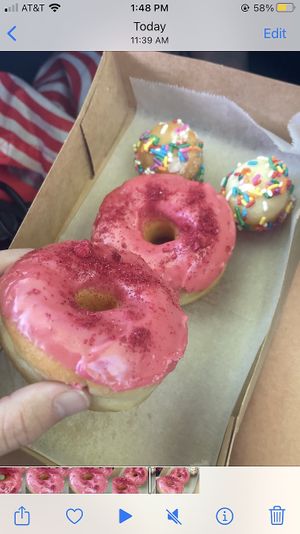 The raspberry doughnut here was SO good; sweet with some tart dried fruit on top.   at The Big O Doughnuts in Salt Lake City