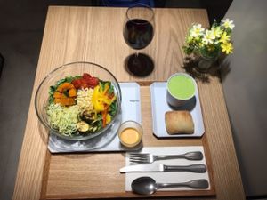 Salade Citron, organic red wine from Languedoc, green pea soymilk potage  at CITRON in Tokyo