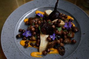 Roasted Beetroot w/ Horseradish sauce.
Wild mushrooms, celery root and gray peas. at Green Peas - Fridhemsplan in Stockholm