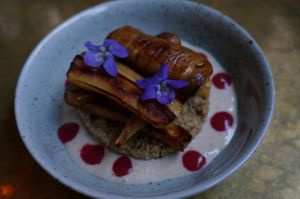 Crumble with Parnsip and Raspberry/Fennel sauce. at Green Peas - Fridhemsplan in Stockholm