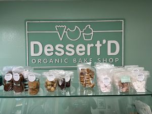 Top shelf of treats and sign  at Dessert'D in Mammoth Lakes