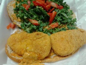 Fishless po' boy - flaky and tender. The sauce is freaking amazing at Viva La Vegan in Atlanta