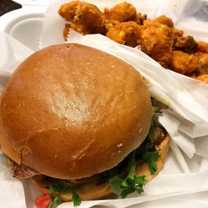 BBQ Bacon Burger and buffalo cauliflower at Viva La Vegan in Atlanta