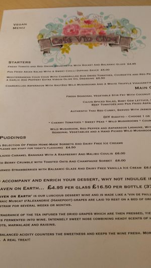Vegan menu they created for our visit. We booked in advance and they created a menu for us. This is not a generally available vegan menu.  at Cafe Vin Cinq in Rugby