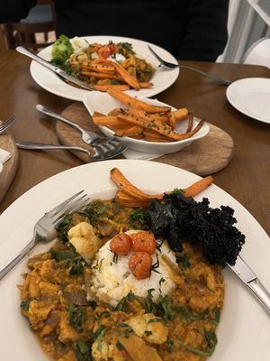 Sweet potato and spinach stew with vegetable sides   at Cafe Vin Cinq in Rugby