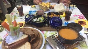 Vegan cheesefondue made of made from chickpeas and peppers. at Eetcafe Spinoza in Leeuwarden