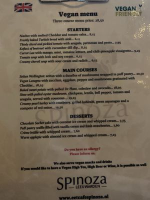 Vegan menu at Eetcafe Spinoza in Leeuwarden