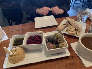 hummus antipasta, quinoa, beet, and Moroccan spice antipasta, and wrinkled potato antipasta at Republic Cafe in Manchester