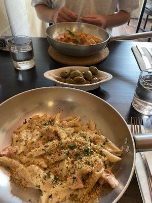 Penne al salmone and rigatoni amatricana and the most delicious olives I’ve ever eaten  at NovaPizza Vegan Kitchen in Edinburgh