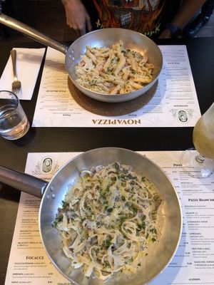 salmon penne and carbonara   at NovaPizza Vegan Kitchen in Edinburgh
