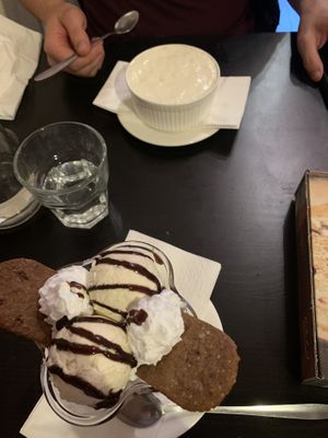 Bottom - Vanilla sundae with chocolate sauce and biscuits Top -  Tiramisu special (had strawberries and white chocolate)    at NovaPizza Vegan Kitchen in Edinburgh