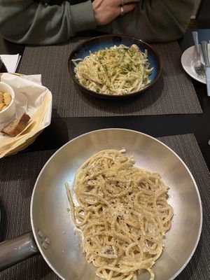 Mains; prawn and pistachio linguine special and carbonara   at NovaPizza Vegan Kitchen in Edinburgh