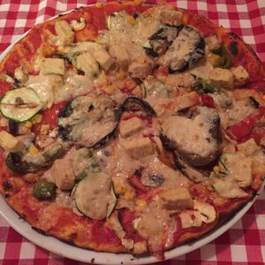 delicious 'vegan' pizza with added vegan quorn pieces at NovaPizza Vegan Kitchen in Edinburgh