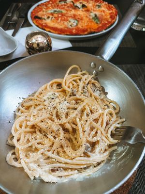 Carbonara in a pan (pretty cool)   at NovaPizza Vegan Kitchen in Edinburgh