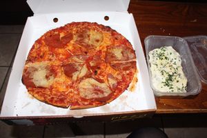 Pepperoni pizza and four-cheese bruschetta (vegan)  at NovaPizza Vegan Kitchen in Edinburgh