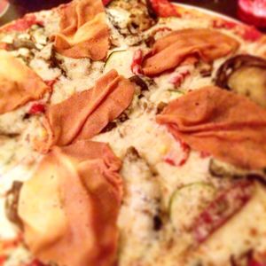 Veggie pizza (as a vegan option) with additional salmon topping at NovaPizza Vegan Kitchen in Edinburgh