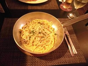 Vegan spaghetti carbonara at NovaPizza Vegan Kitchen in Edinburgh