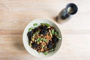 Hippie Chow: Toasted granola, Ollalieberries, pistachios, mint, and cardamom-infused pistachio nut milk. at Citizen Fox - Pop up in San Francisco