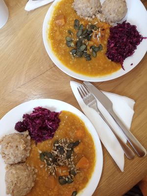 Delicious food. Lentil dahl with spelt at Nasa Carovna in Trnava