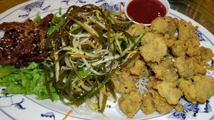 Nature's Trio Cold Dish Platter, Teriyaki King Oyster Mushroom, Salty Spiced Popcorn Chicken, Oriental Cold Toss Appetizer at Nature Vegetarian Delights 大自然素食 - Upper Serangoon in Northeast Singapore