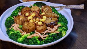 CNY Broccoli with Bacon, King Oyster Scallop, Cordyceps Flower, Gingko and Pine Nuts at Nature Vegetarian Delights 大自然素食 - Upper Serangoon in Northeast Singapore