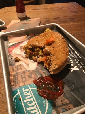 Vegan falafel burger. One of two vegan burgers on the menu. Also have vegi opti at The Butcher in Zurich