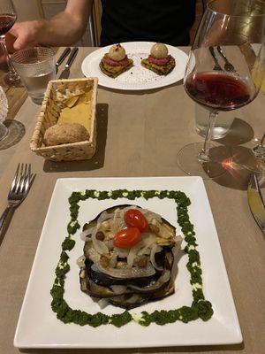 Crepes and Aubergine entree   at Flora in Verona