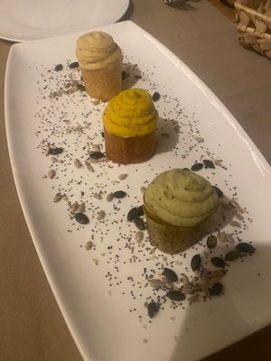 Trio of hummus - classic, pesto and olive. I’m a hummus fan, and was blown away! at Flora in Verona