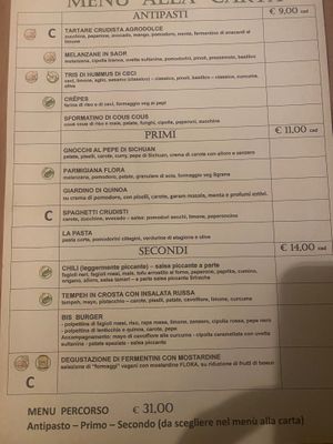 The menu - everything is vegan and gluten free. at Flora in Verona