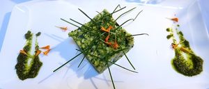 Finely diced courgette in a light avocado tartare, with mint and lemon emulsion  at Flora in Verona