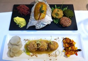 Trio of burgers (top)
Crunchy apple tofu balls (bottom) at Flora in Verona