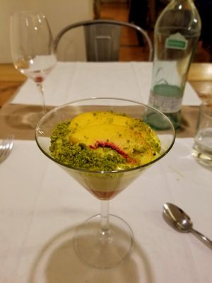 Amazing pistachio, mango, peach dessert. at Flora in Verona