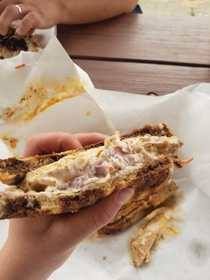 the dr. zaius : seasoned tofu, russian dressing, spicy coleslaw, vegan mayo, on marbled rye at Two Beards Deli in Grand Rapids