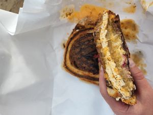 the dale earnhardt: blackened tofu, russian dressing, sauerkraut, vegan mayo on marbled rye at Two Beards Deli in Grand Rapids