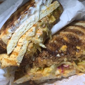 #86 The Dale Earnhardt: Blackened Tofu, Sauerkraut, Red Onions, Pickled Shreddies, Russian Dressing, Veganaise on Marble Rye at Two Beards Deli in Grand Rapids