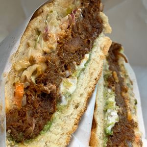 #90 The Jack Black: BBQ Pulled Jackfruit, Spicy Slaw, Avocado, Pickled Shreddies, Veganaise on a White Sub at Two Beards Deli in Grand Rapids